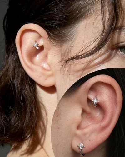 Clicker Rook Earrings, 20G Star Rook Piercing Jewelry, Stainless Steel Helix lobe Earrings Silver/Gold - color: WG-8MM
