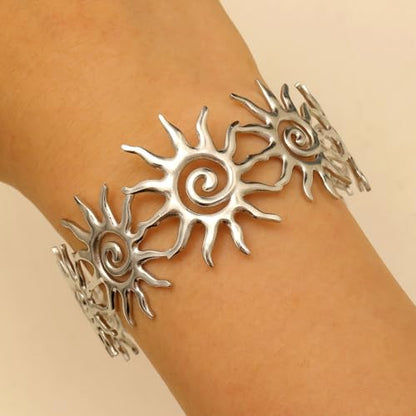 Chunky Gold Sun Cuff Bracelet for Women – Boho Spiral Sun Statement Jewelry, Stainless Steel Adjustable Wide Metal Bangle for Holiday Fashion - color: Silver