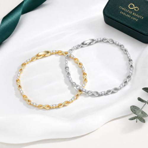 Tennis Bracelet for Women - 14K Gold Plated Heart Cubic Zirconia Bracelet, Dainty Trendy Anniversary Birthday Christmas Jewelry Gift for Her - color: Infinity Gold-18CM