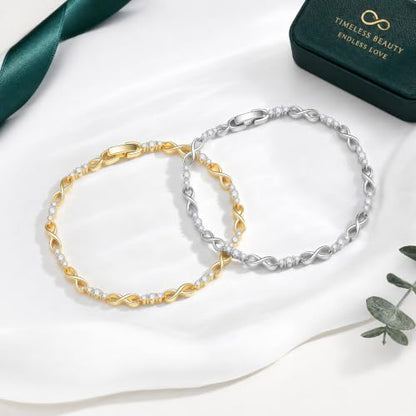 Tennis Bracelet for Women - 14K Gold Plated Heart Cubic Zirconia Bracelet, Dainty Trendy Anniversary Birthday Christmas Jewelry Gift for Her - color: Infinity Gold-17CM
