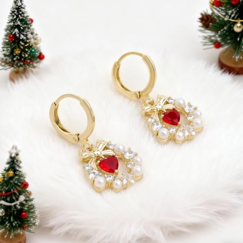 Sonateomber Christmas Tree Dangle Small Gold Hoop Earrings for Women, Cute Sparkly CZ Rhinestone Maple Clover Leaf Drop Earings Thanksgiving Holiday Accessories Fashion Jewelry Gift - color: Red Heart Wreath