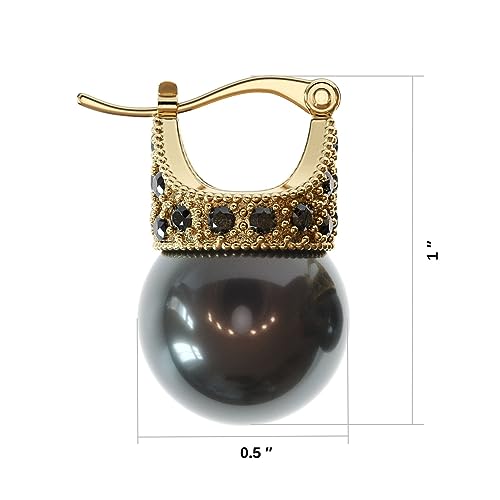 Glass Pearl Earrings Crystal Accent Crown Shape for Wedding, Bridal, Formal & Fashion - color: Black/Gold