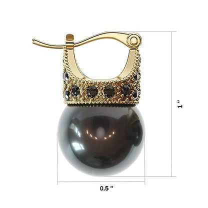 Glass Pearl Earrings Crystal Accent Crown Shape for Wedding, Bridal, Formal & Fashion - color: Black/Gold