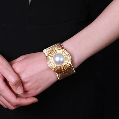 Chunky Gold Cuff Bracelets for Women Stack Silver Bracelet Vintage Bohemian Indian Bangles for Women Adjustable Open Wide Gold Bangle Bracelet Trendy Statement Jewelry - style: GOLD FINISH WHITE PEARL