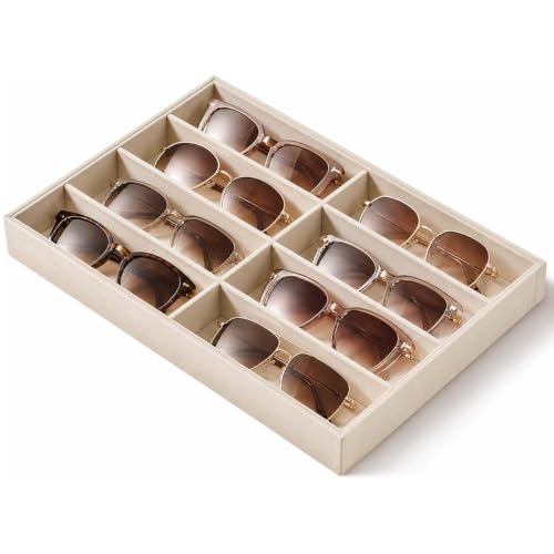 Beige Sunglasses Organizer Tray|8 Slots Eyeglasses Storage Tray|Velvet-Lined Glasses Holder Display Case for Drawer, Dresser, Closet, Nightstand, Eyewear Organizer for Sunglasses (Beige 8 Grid) - color: Beige 8 Grid