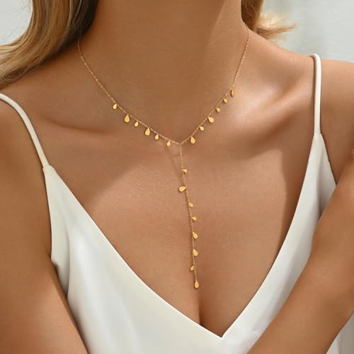 Dainty 18K Gold Plated Lariat Necklace for Women Delicate Y Chain Rose Pearl Diamond Long Drop Necklace Layering Bridal Jewelry Gift - color: Tiny Waterdrop-Gold