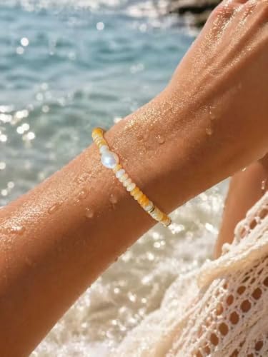 Gemstone Beaded Bracelets with Freshwater Pearl | Crystal Beaded Bracelet Boho Natural Stone Trendy Jewelry Gifts - color: Yellow