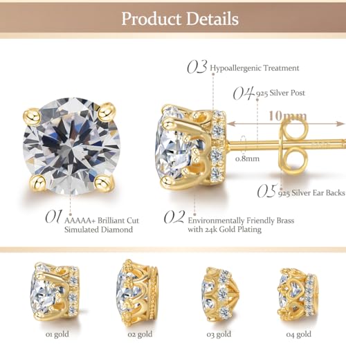 Hypoallergenic Cubic Zirconia Stud Earrings for Women & Men 24K Gold Plated Sterling Silver Post, CZ Simulated Diamond Halo Studs Sensitive Ear Friendly Gift (ED-31) - color: Gold 01