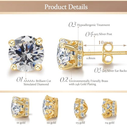 Hypoallergenic Cubic Zirconia Stud Earrings for Women & Men 24K Gold Plated Sterling Silver Post, CZ Simulated Diamond Halo Studs Sensitive Ear Friendly Gift (ED-31) - color: Gold 01