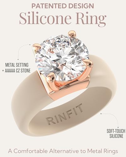Rinfit Silicone Ring with Stone, Round Cut CZ | AAAAA Grade Cubic Zirconia, Solitaire Engagement Ring for Her, Flexible Rubber Wedding Band for Women, Patented Design - color: Pack B: Nude / Rose Gold
