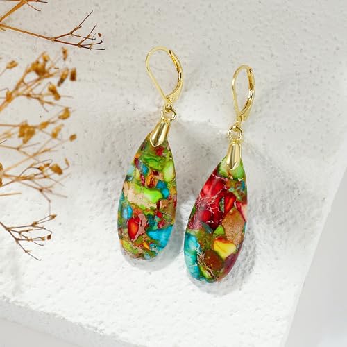 Natural Healing Teardrop Stone Leverback Dangle Drop Earrings Statement Gold earrings - color: Colorful -Gold