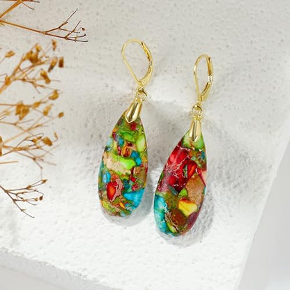 Natural Healing Teardrop Stone Leverback Dangle Drop Earrings Statement Gold earrings - color: Colorful -Gold