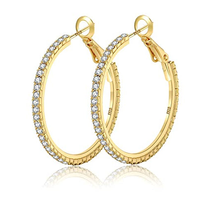 925 Sterling Silver Earrings Large Rhinestone Hoop Earrings Big Cubic Zirconia Hoop Earrings Thin Rhinestones Round Hoop Earrings for Women 20/30/40/50/60/70mm Sparkly Hoops With Crystals for Womens - color: Gold,30mm