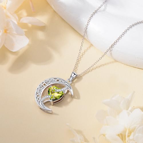 TOUPOP Moon and Star Birthstone Necklace for Women 925 Sterling Silver Celtic Moon Jewelry Birthday Mothers Day Gifts for Mom Wife Her - color: 08-August-Peridot
