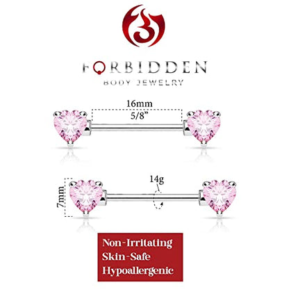 Forbidden Body Jewelry Pair of Surgical Steel 1/2-5/8 Inch (12-16mm) Cubic Zirconia Crystal Double Heart Nipple Barbells - style: Pink