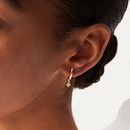 PAVOI 14K Gold Plated Huggie Hoop Earrings with Charms for Women - 925 Sterling Silver Posts Dainty Motif Huggie Hoop Dangle Earrings - Lightweight Dangle Drop Jewelry with Cubic Zirconia - style: Clover