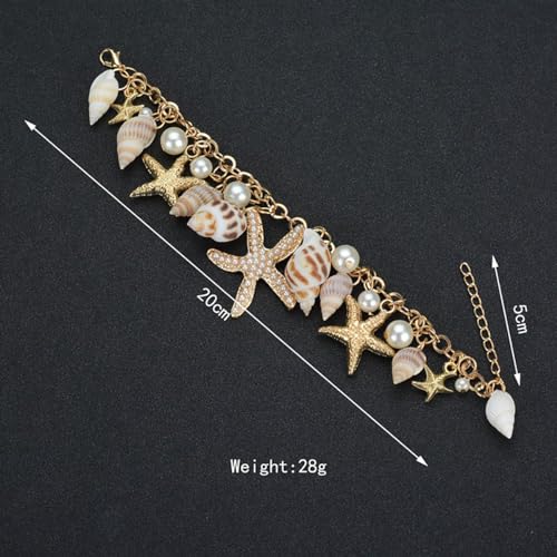 Starfish Shell Bracelet Gold Chunky Starfish Bracelet Bohemian Pearl Charm Bracelet Mermaid Costume Jewelry for Women (Gold)