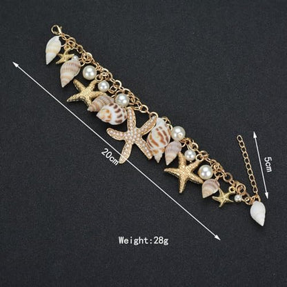Starfish Shell Bracelet Gold Chunky Starfish Bracelet Bohemian Pearl Charm Bracelet Mermaid Costume Jewelry for Women (Gold)