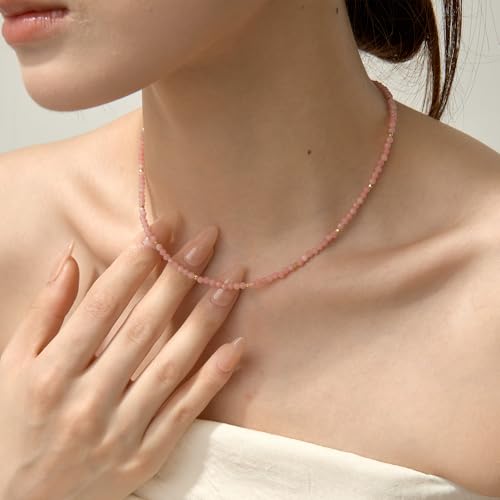 ARSIS Genuine Beaded Gemstone Necklace for Women, Colorful Natural Stone Handmade Bead Choker, Personalized Birthstone Necklace, Boho Summer Beach Necklace Layering Stackable Jewelry Gift - color: Pink Opal (October)