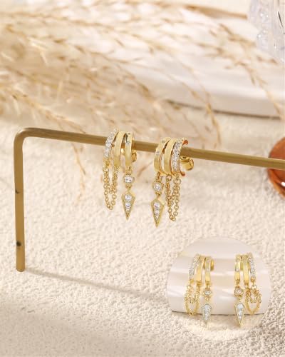 Dangle Gold Earrings for Women Trendy Triple Huggie Chain Earrings 14K Gold Plated Statement Cute Drop Dangle Earrings Dainty Hypoallergenic Chunky Hoop Earrings Fun Earring Stacks Jewelry - color: A-Spiked Chain Earrings