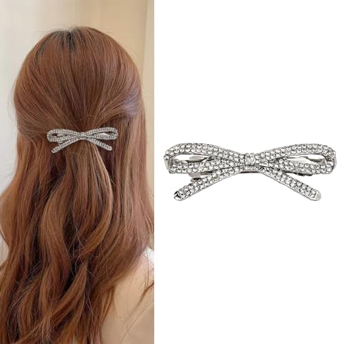 Rhinestone Bow Hair Barrettes for Women Girls Sparkling Glittering Bow-Knot French Barrettes Silver Crystal Hair Clips Hairpins Hair Pin Ponytail Holders Bling Metal Hair Bow Clips Accessories - color: Rhinestone