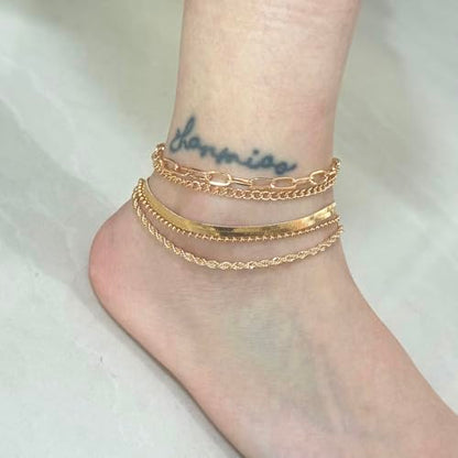 Adjustable Waterproof Layered Bracelets for Women Summer Beach Cuban Link Chain Anklets Set Herringbone Paperclip Beaded Snake Chain Stackable Anklet Stainless Steel Jewelry Bracelet - color: 5PCS-Gold