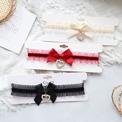 Bethynas Sexy Lace Bowknot Choker Collar Lolita Velvet Heart Pendant Tie Neck Chain Gothic Cosplay Neck Accessories for Women - color: Red