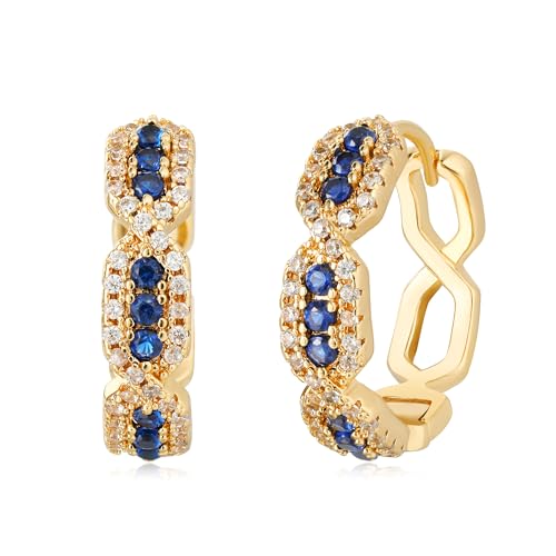 Huggie Hoop Earrings 14K Gold Plated Cubic Zirconia Dainty Simple Cute Beads Elegant CZ Circle Small Hoop Earring for Women Minimalist Handmade Hypoallergenic Jewelry - color: CZ-Blue