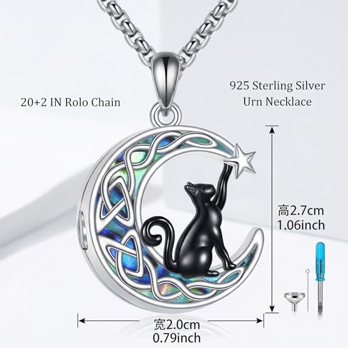 925 Sterling Silver Moon Black Cat Necklace for Women Cat Jewelry - style: Abalone Moon Cat Urn Necklace