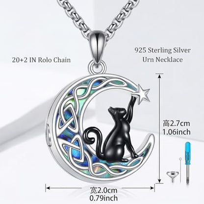 925 Sterling Silver Moon Black Cat Necklace for Women Cat Jewelry - style: Abalone Moon Cat Urn Necklace