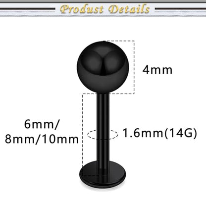 Internally Threaded Labret Studs 18G 16G 14G Surgical Steel Lip Piercing Jewelry with Claw Tool Monroe Snake Bite Jewelry Flat Back Barbell for Women Men Plus Piercing Ball Grabber Tool - color: black, size: 14g,ball+spike end