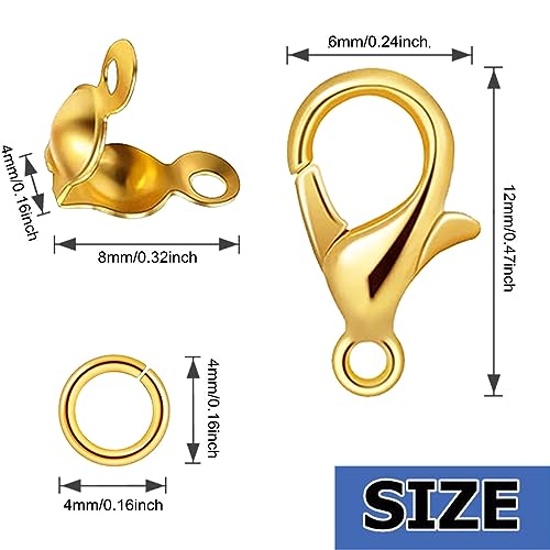 1000PCS Jewelry Making Accessories Set, 100 Lobster Claw Clasps 300 Crimp Beads Crimp Beads Clasps Caps 600 Open Jump Ring Connectors for DIY Bracelet Necklace Crafts Jewelry Making(Gold) - color: Gold