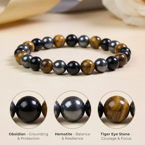 Bivei Protection Crystal Healing Bracelet | 8MM Strength Bracelet Spiritual Stretch Beaded Jewelry for Women Men Gift - color: Triple Protection, size: Medium 6.8-7.3 inch