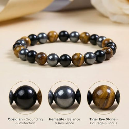 Bivei Protection Crystal Healing Bracelet | 8MM Strength Bracelet Spiritual Stretch Beaded Jewelry for Women Men Gift - color: Triple Protection, size: Medium 6.8-7.3 inch