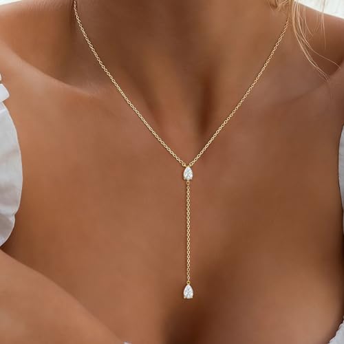 Luxval Diamond Pendant Gold Necklace for Women，Dainty 18k Gold Plated Choker Necklaces Simple Gold Jewelry Gifts for Women - color: Gold-Y teardrop