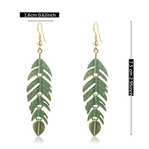 Handmade Boho Vintage Green Bronze Lightweight Statement Leaves Earrings with Detailed Texture Drop Dangle Earring for Women Floating Feathers Chain Earrings Jewelry Gifts