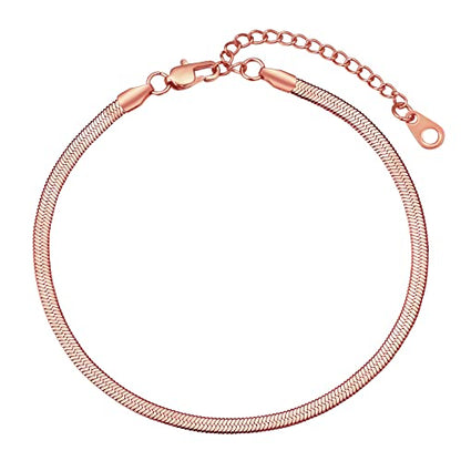 FindChic Elegant Herringbone Snake Chain Anklets/Bracelets 3MM/5MM Width Stainless Steel/18K Gold/Rose Gold Plated/Black 4 Color Options, 8.3'' 8.5'' 10.5'' Length, with Gift Box - color: A: 3mm 8.5'' anklet (Rose Gold Plated)