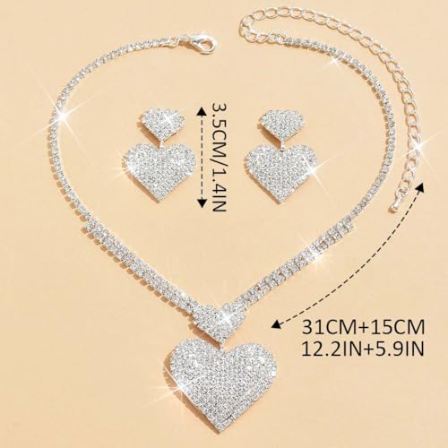 Crystal Heart Bridal Wedding Jewelry Set Silver Rhinestone Necklace Earrings Bracelet Sets Formal Costume Jewelry for Women and Brides - color: Silver Necklace Earrings
