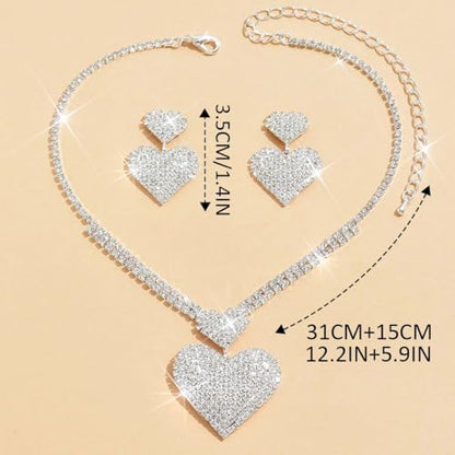 Crystal Heart Bridal Wedding Jewelry Set Silver Rhinestone Necklace Earrings Bracelet Sets Formal Costume Jewelry for Women and Brides - color: Silver Necklace Earrings
