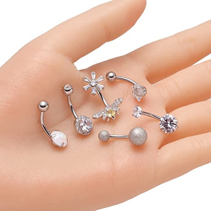 6-8-12PCS 14G 6-10mm Short Bar Tiny Heart Butterfly Evil Eye Devil Heart Snake Skull CZ Skull hand with Gem ball Stainless Steel Belly Button Rings Navel Rings for Women Barbell Eyebrow Body Piercing Jewelry - color: G:8Pcs(Snake)