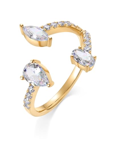PAVOI 14K Gold Plated Cubic Zirconia Bypass Open Band Stackable Ring for Women | CZ Statement Eternity Rings - color: Yellow Gold, size: 5, style: Triple