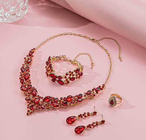 Paxuan Crystal Bridal Wedding Jewelry Sets for Women Rhinestone Teardrop Crystal Statement Choker Necklace Drop Earrings Link Bracelets Rings Teardrop Jewelry Set for Brides Bridesmaids - color: Red