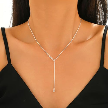 925 Sterling Silver Lariat Necklace for Women | Long 14K Gold Plated Y-Shaped Pearl Necklace CZ Crystal Ball Sparkle Necklace for Mother Daughter Bride Wedding Jewelry - color: Style 5-Sliver
