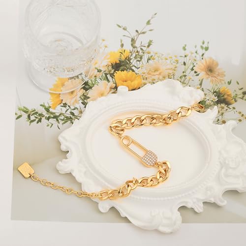 SOFYBJA 18k Gold Plated Personalized Chunky Cuban Oval Link Chain Bracelets for Men Toggle Rope Bracelet Jewelry for Women - style: Zircon Pin Cuban Chain Link Bracelet