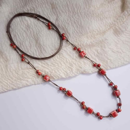 Bohemian Long Beaded Necklace for women, Colorful Hippie Long Layered Necklace, Handmade Boho Jewelry Gift for Mom - color: Red