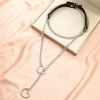 Leather Choker Slip Chain Necklace Stainless Steel Cuban Link Long Necklaces Gothic Punk Heart Chain Necklace Handmade Collars for Women - color: Black+Silver