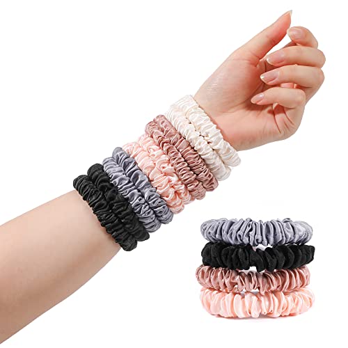 Hair Ties Silk Satin Scrunchies - Small Mini Thin Elestics Ponytail Holder Hair Bands Skinny Scrunchy For Thick Curl Hair No Crease Hair Ties Soft Accessories No Hurt Your Hair for Women and Girls (Basic color) - color: Basic color