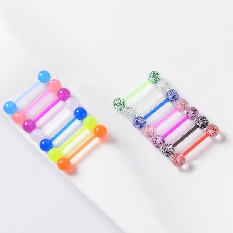 DATOA 16/48Pcs 14G Glow in Dark Flexible Acrylic Straight Tongue Barbell Nipple Ring Retainer Piercing Jewelry for Women Men - style: 48Pcs