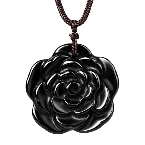 Crystal Flower Pendant Necklace for Women, Hand Carved Sculpted Flower Bloom Charm, Healing Stone Jewelry Gift for Her Mom Girlfriend - color: Black