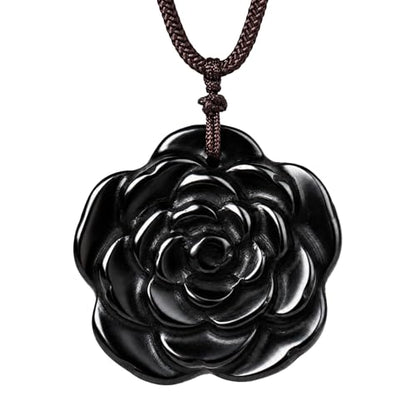 Crystal Flower Pendant Necklace for Women, Hand Carved Sculpted Flower Bloom Charm, Healing Stone Jewelry Gift for Her Mom Girlfriend - color: Black